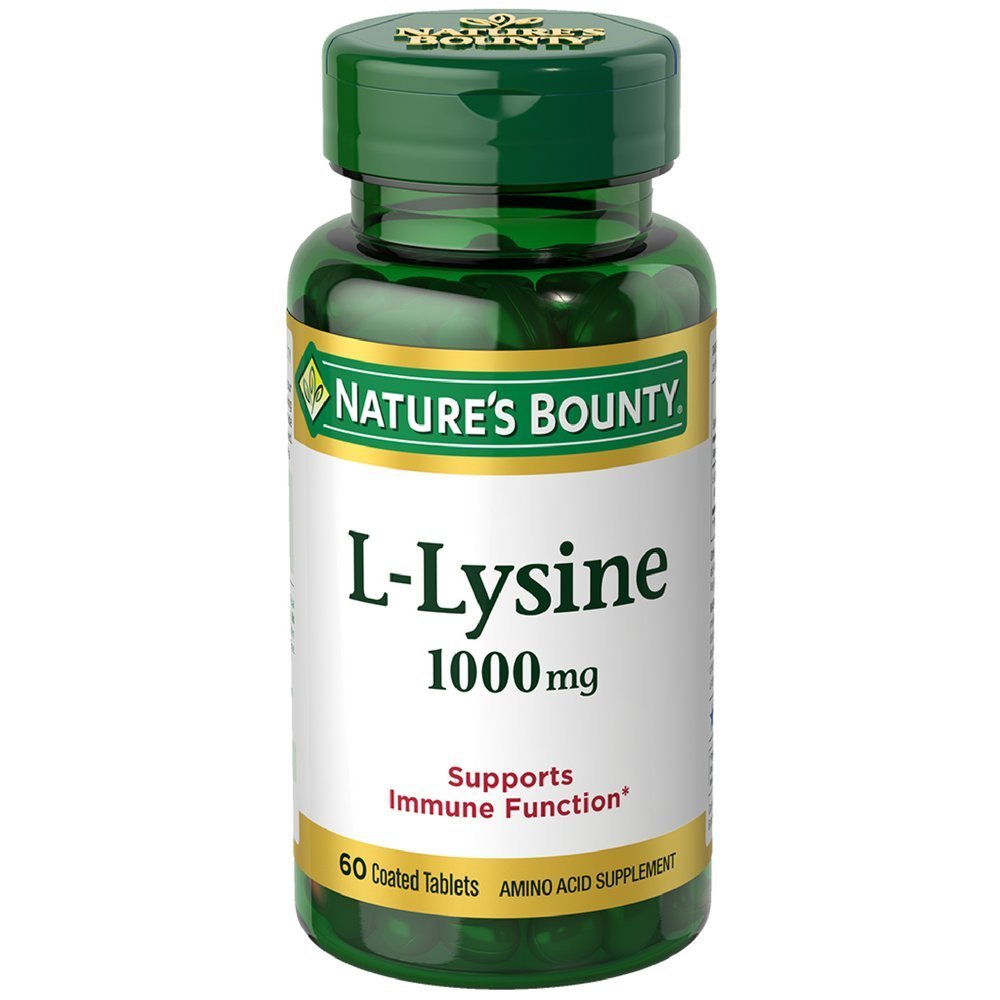 Nature's Bounty L-Lysine 1000 mg bottle and tablets for immune support and tissue health.