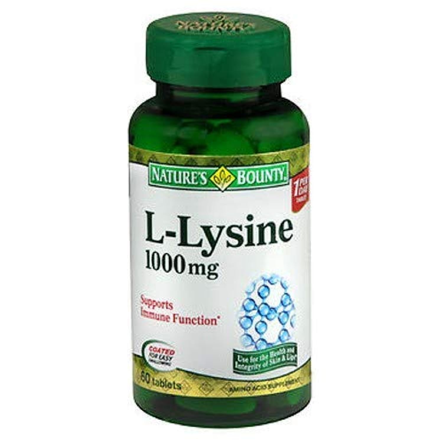 Nature's Bounty L-Lysine 1000 mg bottle front view highlighting label for immune support.
