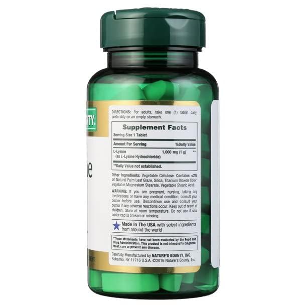 Nature's Bounty L-Lysine 1000 mg tablets close-up showing texture and form for skin health support.