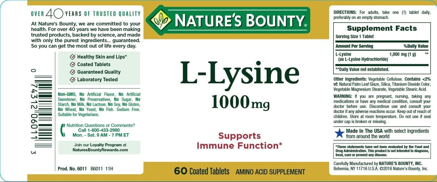 Nature's Bounty packaging box for L-Lysine 1000 mg packs of four bottles in a convenient set.
