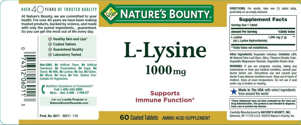 Nature's Bounty packaging box for L-Lysine 1000 mg packs of four bottles in a convenient set.