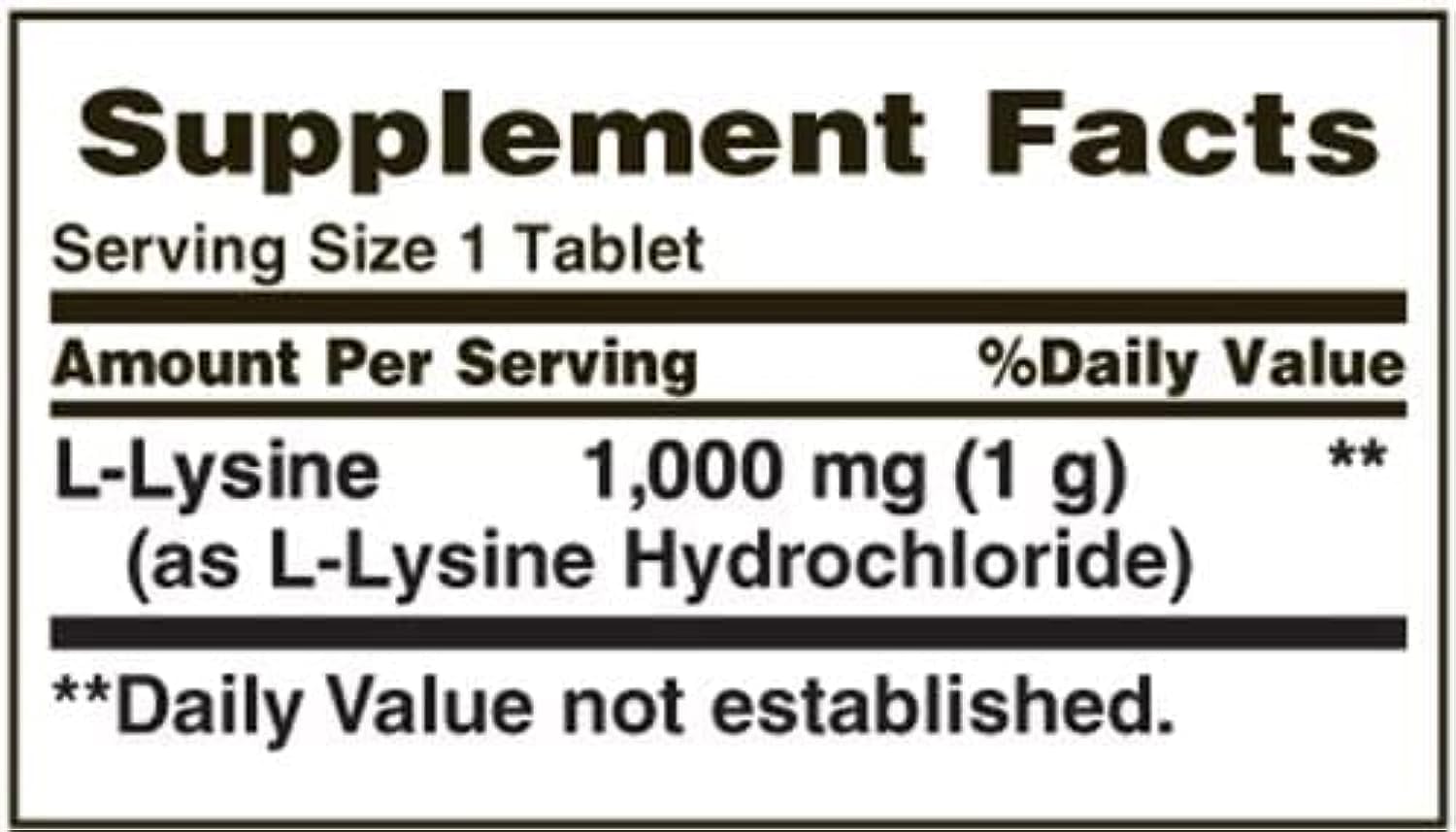 Nature's Bounty L-Lysine 1000 mg bottle with serving size information for use guidance.