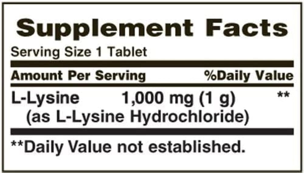 Nature's Bounty L-Lysine 1000 mg bottle with serving size information for use guidance.