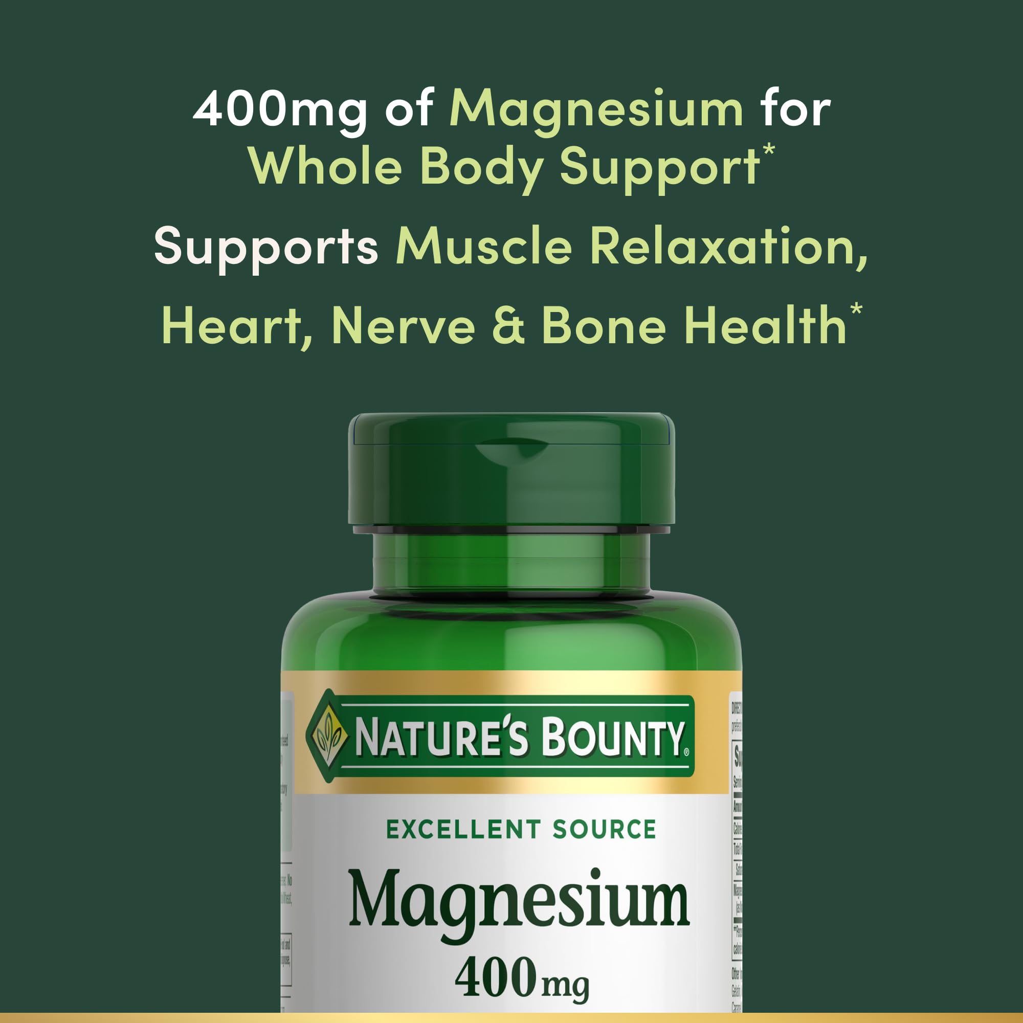 Nature's Bounty Magnesium 400 mg softgel label closeup shows 100% DV