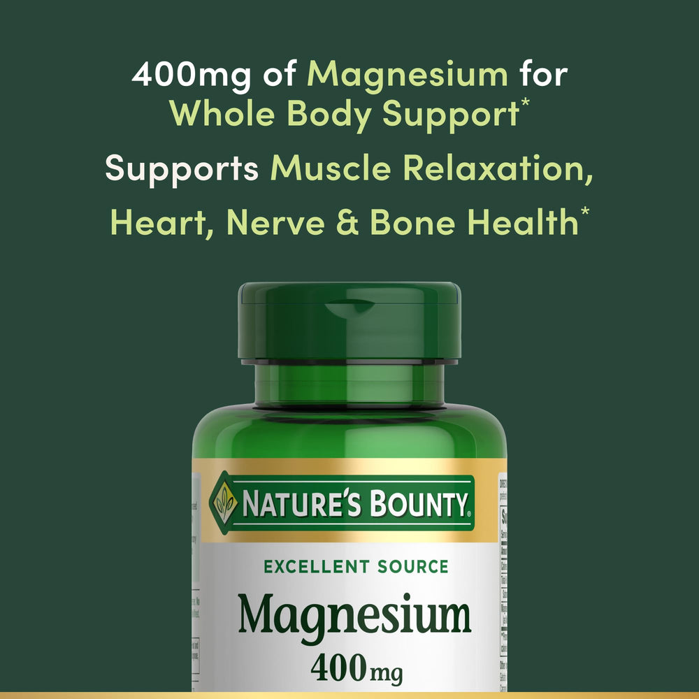 Nature's Bounty Magnesium 400 mg softgel label closeup shows 100% DV