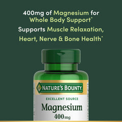 Nature's Bounty Magnesium 400 mg softgel label closeup shows 100% DV