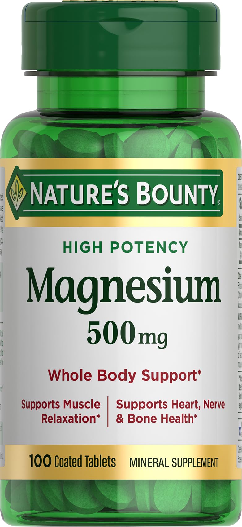 Nature's Bounty Magnesium bottle front supports bone and muscle health daily