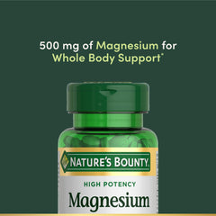 Nature's Bounty Magnesium caplets closeup, showing vegetarian-friendly capsules for easy supplementation