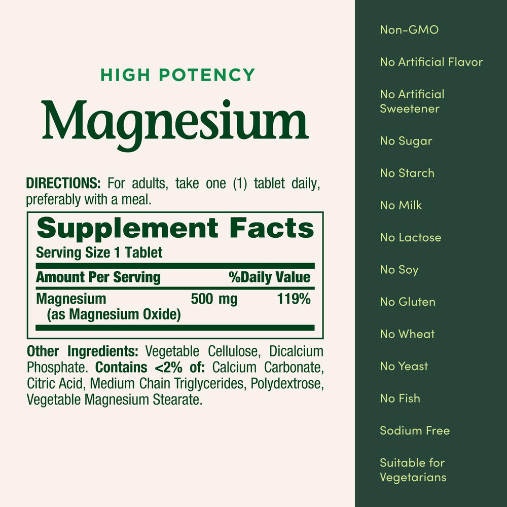 Nature's Bounty Magnesium ingredients list for informed supplementation