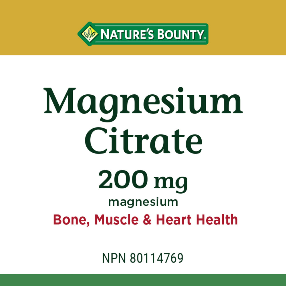 Nature's Bounty Magnesium Citrate bottle close-up emphasizing tablet texture for daily use.
