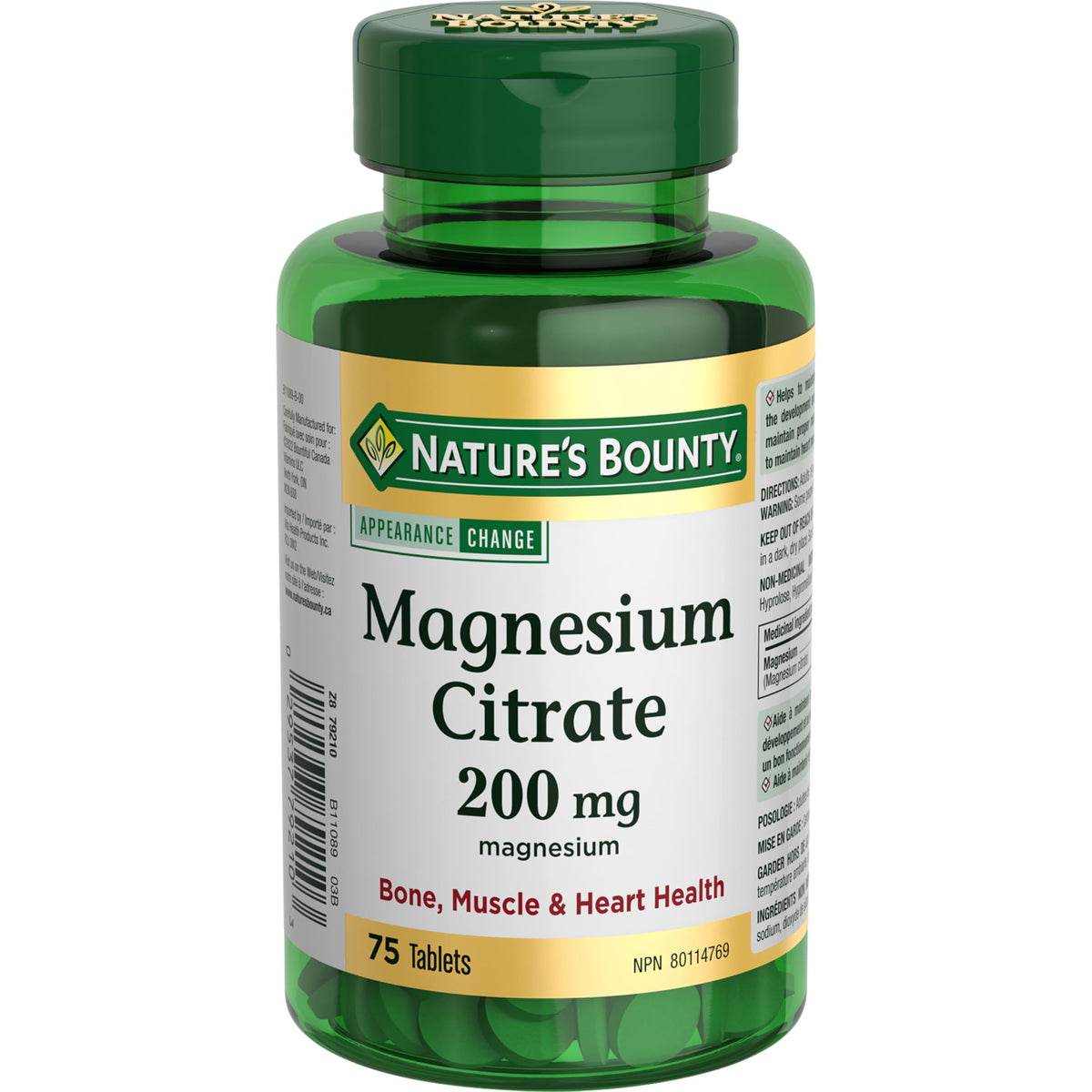 Nature's Bounty Magnesium Citrate bottle front, 200 mg tablets, for daily support.
