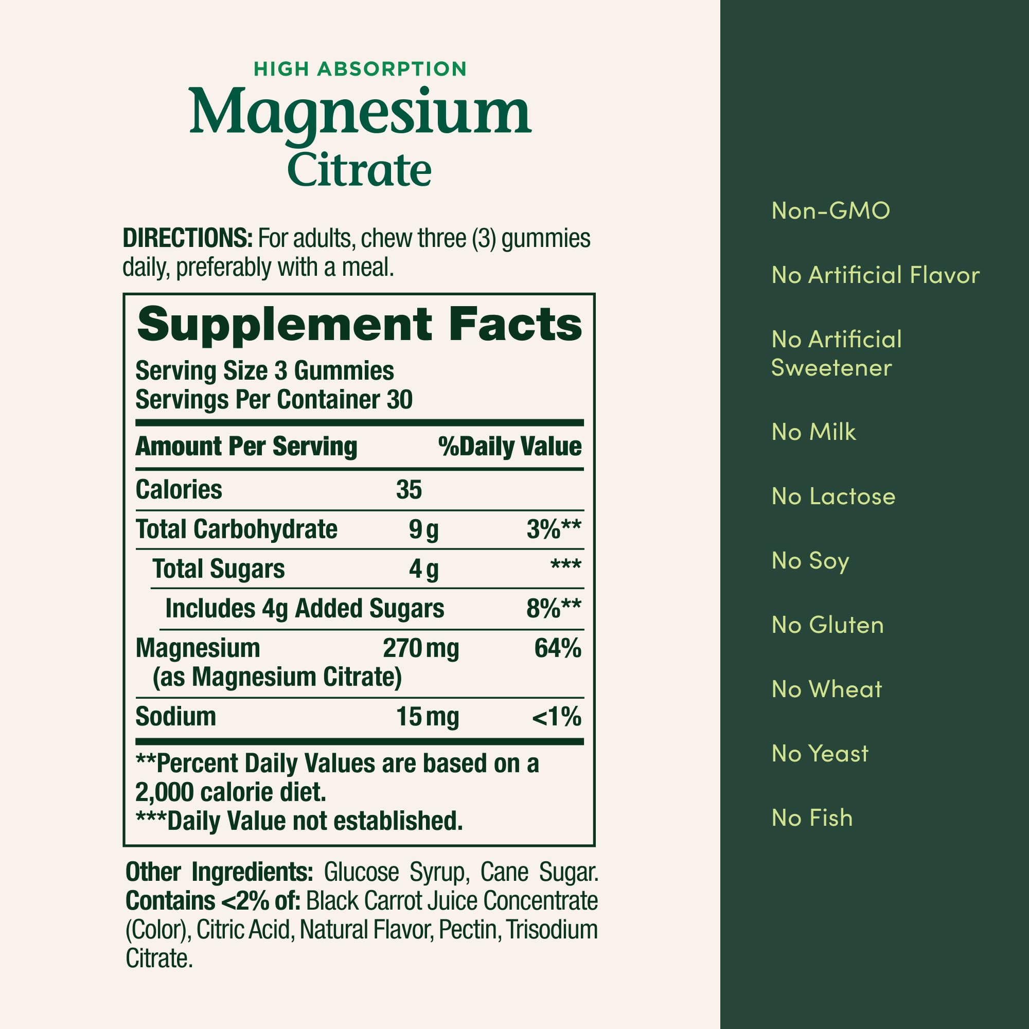 Nature's Bounty Magnesium Citrate Gummies three-gummy serving visual indicating 270 mg