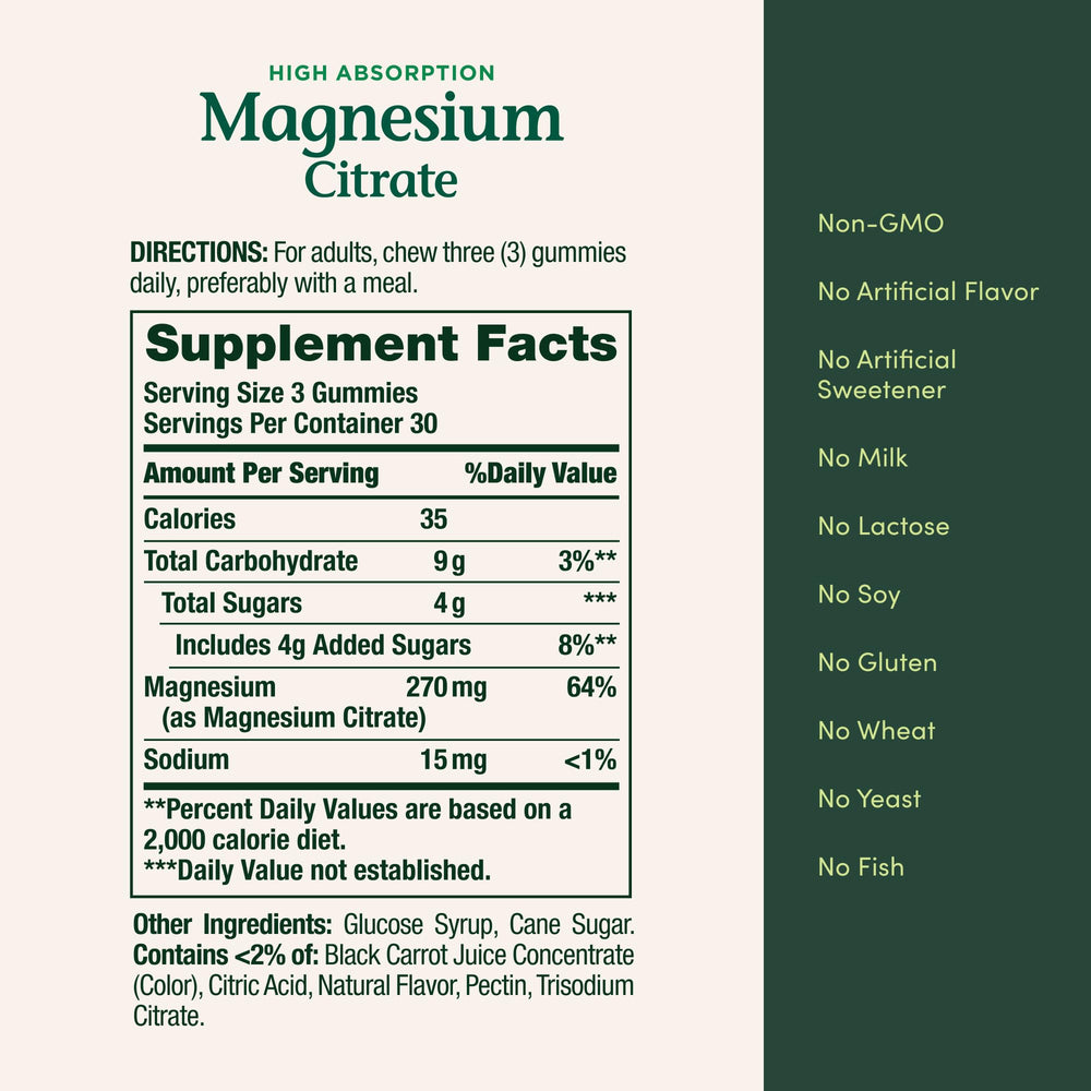 Nature's Bounty Magnesium Citrate Gummies three-gummy serving visual indicating 270 mg