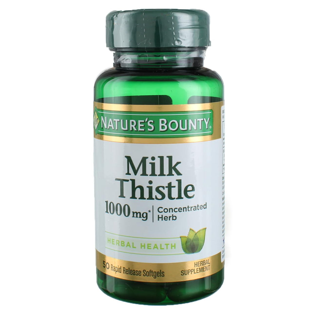 Nature's Bounty Milk Thistle 1000 mg softgel bottle for daily wellness.