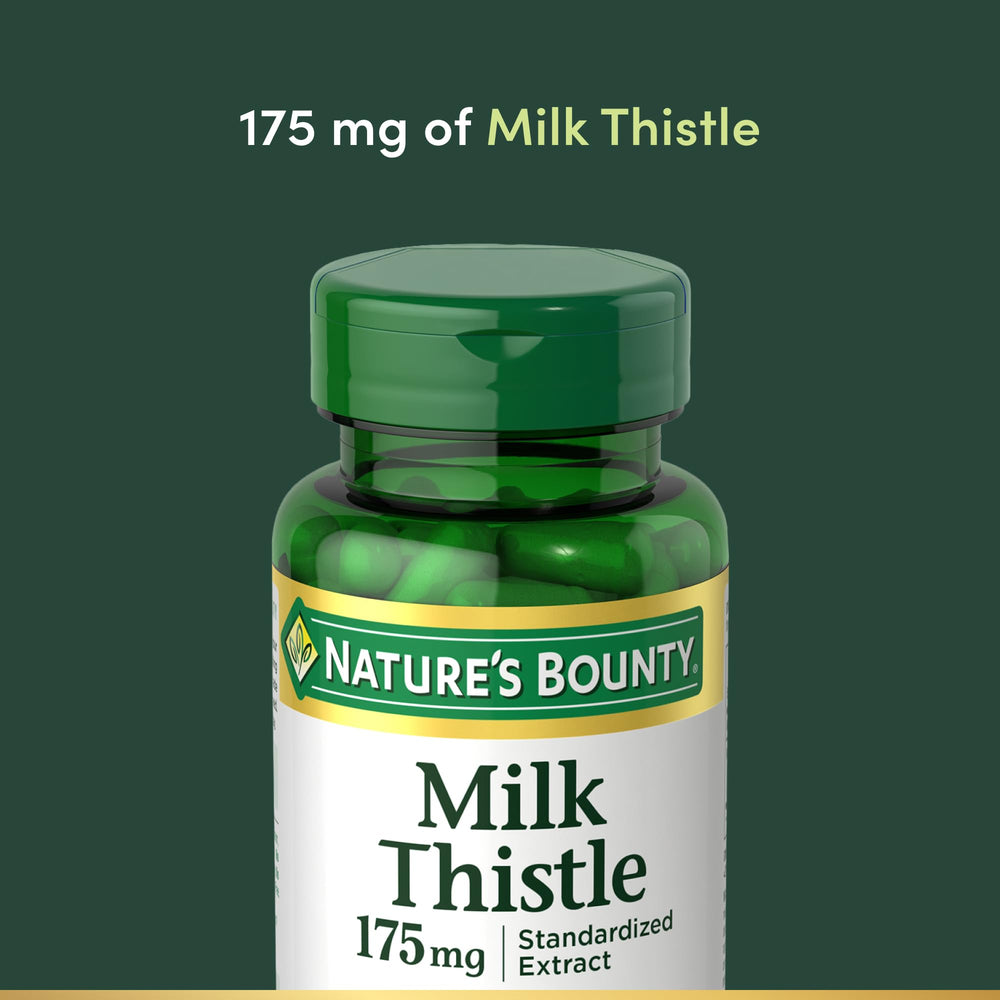 Nature's Bounty Milk Thistle 175 mg label highlights potent antioxidant ingredients
