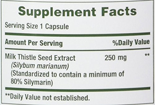 Nature's Bounty milk thistle label close-up, highlighting 250 mg per capsule.