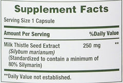 Nature's Bounty milk thistle label close-up, highlighting 250 mg per capsule.