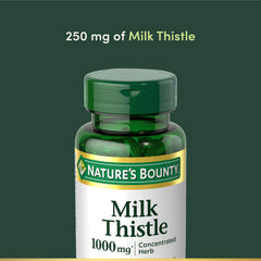 Nature's Bounty Milk Thistle softgels close-up showing antioxidant formulation