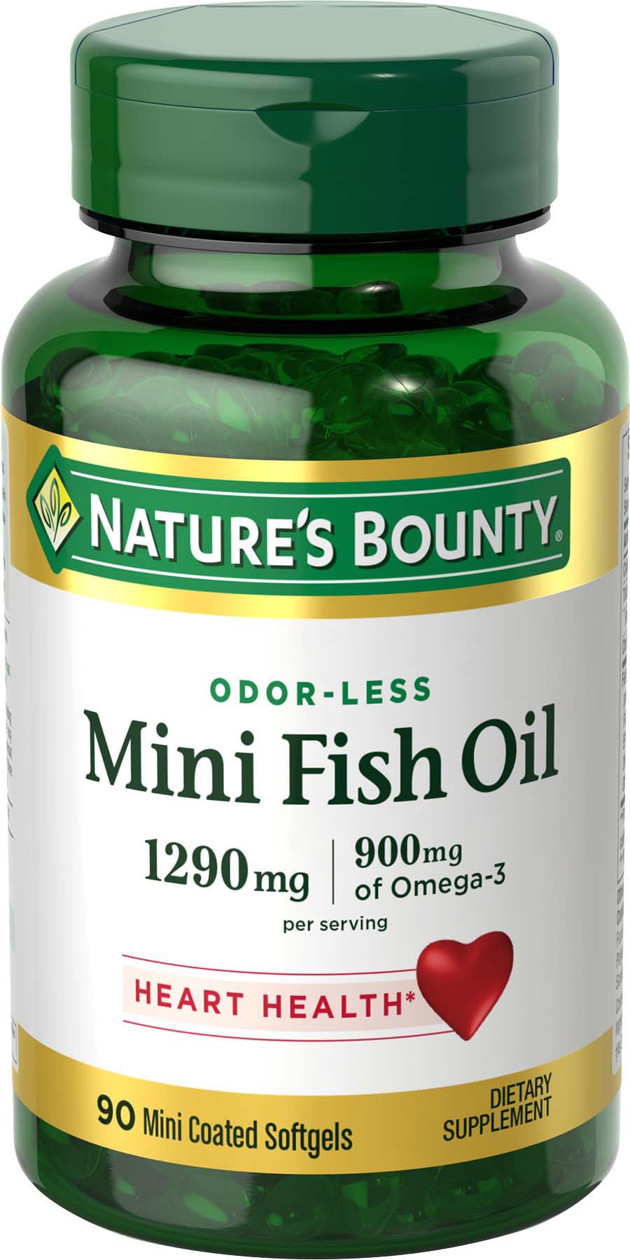 Nature's Bounty Mini Fish Oil Softgels bottle view highlighting heart-supporting omega-3.