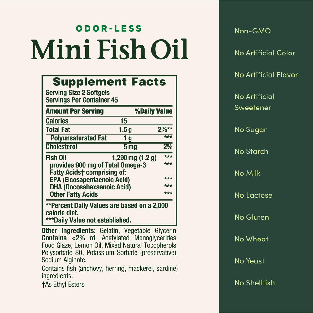 Nature's Bounty Mini Fish Oil Softgels gluten-free option for sensitive diets.