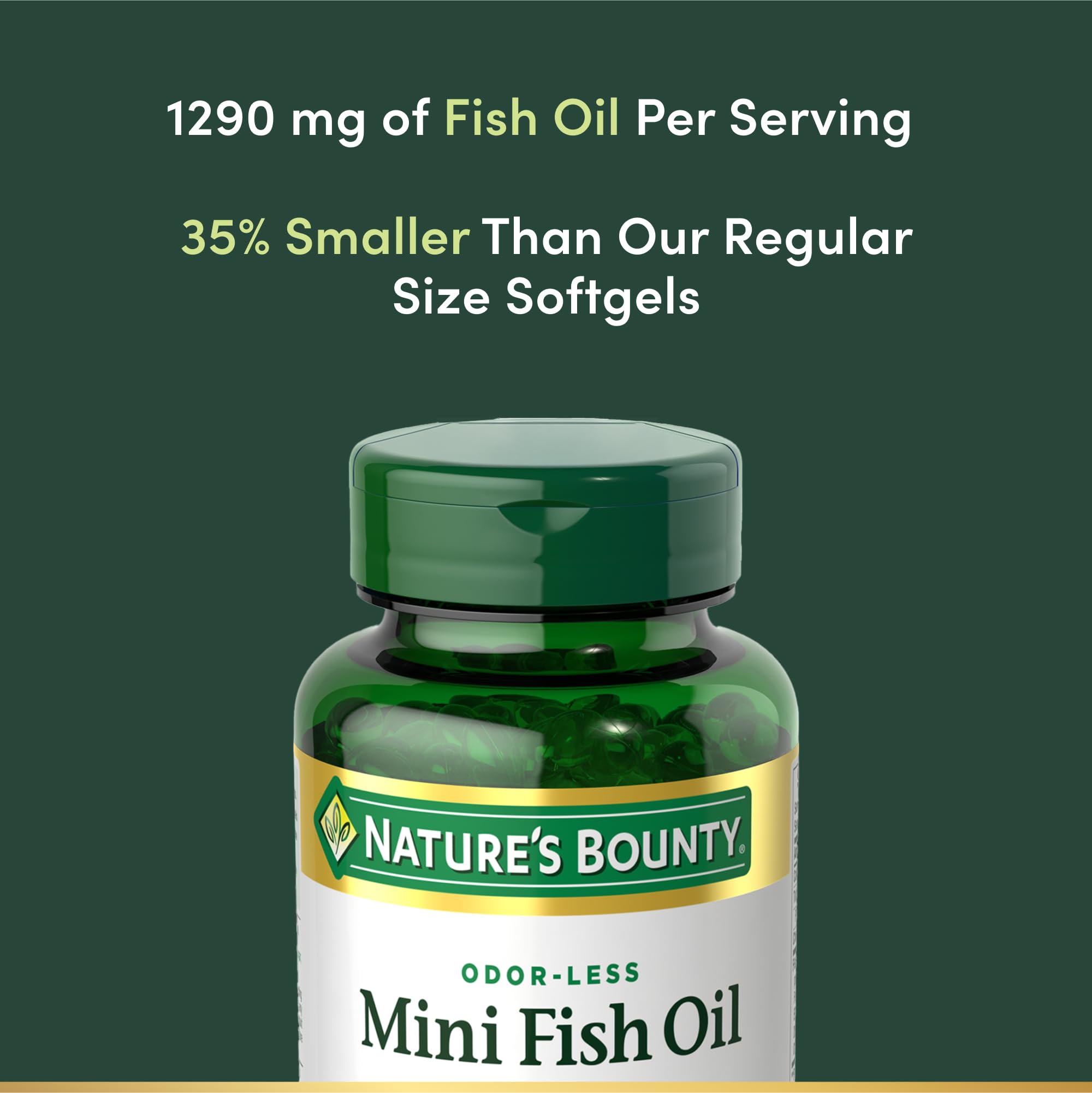 Nature's Bounty Mini Fish Oil Softgels odorless coating for burpless consumption.