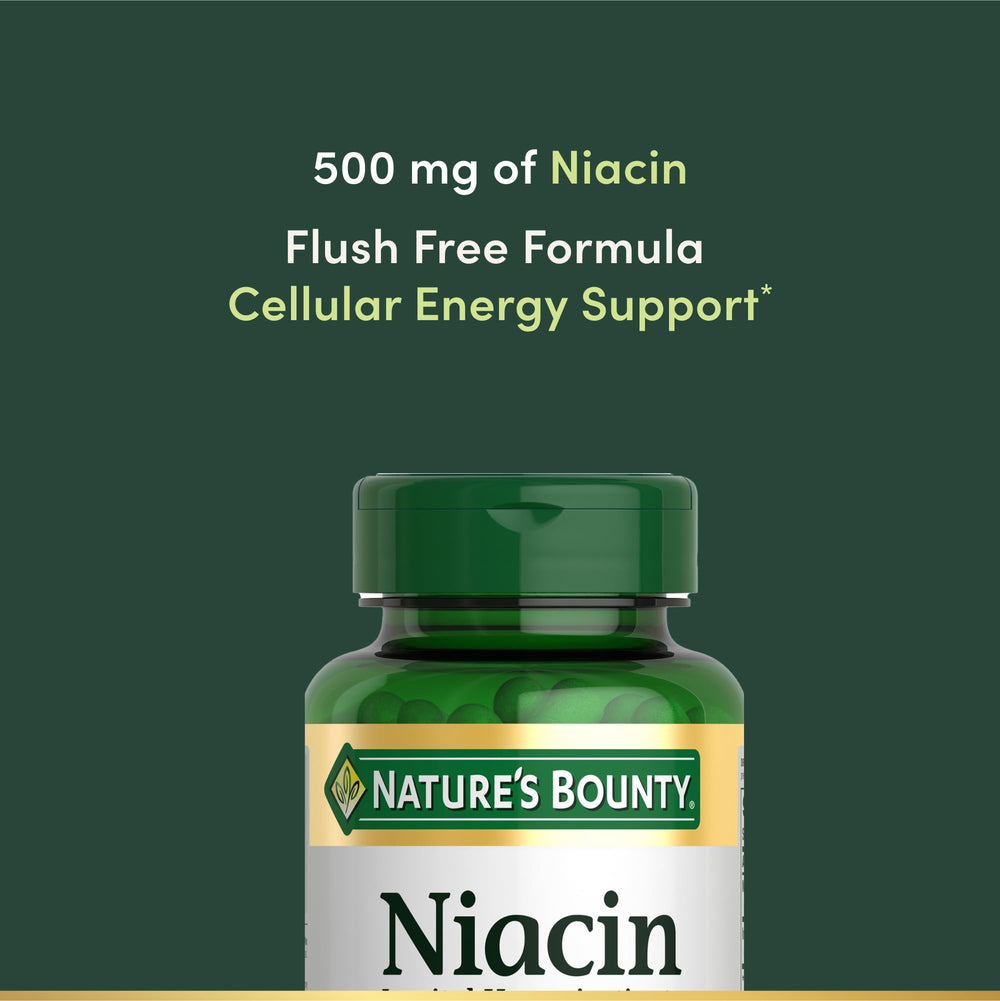 Nature's Bounty Niacin 500mg label info shows flush-free Inositol Hexanicotinate.