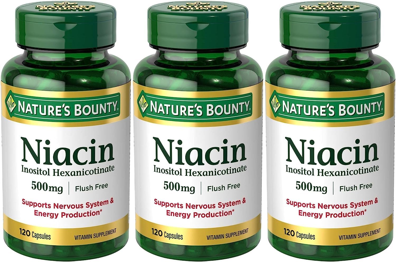 Nature's Bounty Niacin Flush Free 500 mg bottle front for daily metabolic support.