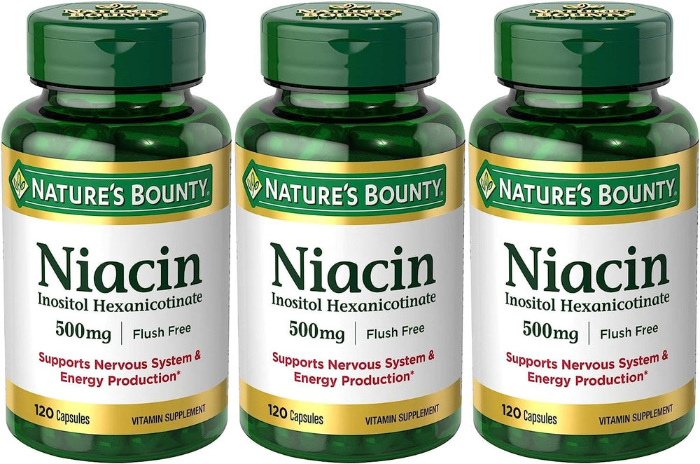 Nature's Bounty Niacin Flush Free 500 mg bottle front for daily metabolic support.