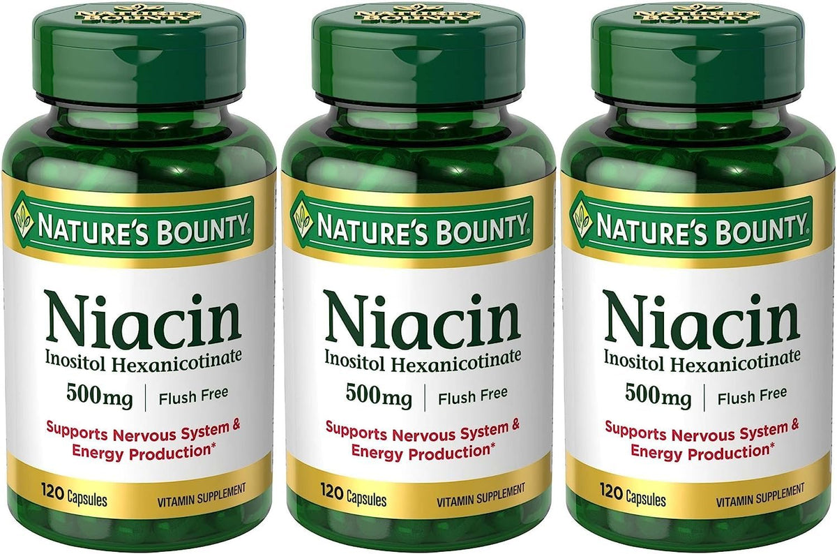 Nature's Bounty Niacin Flush Free 500 mg bottle front for daily metabolic support.