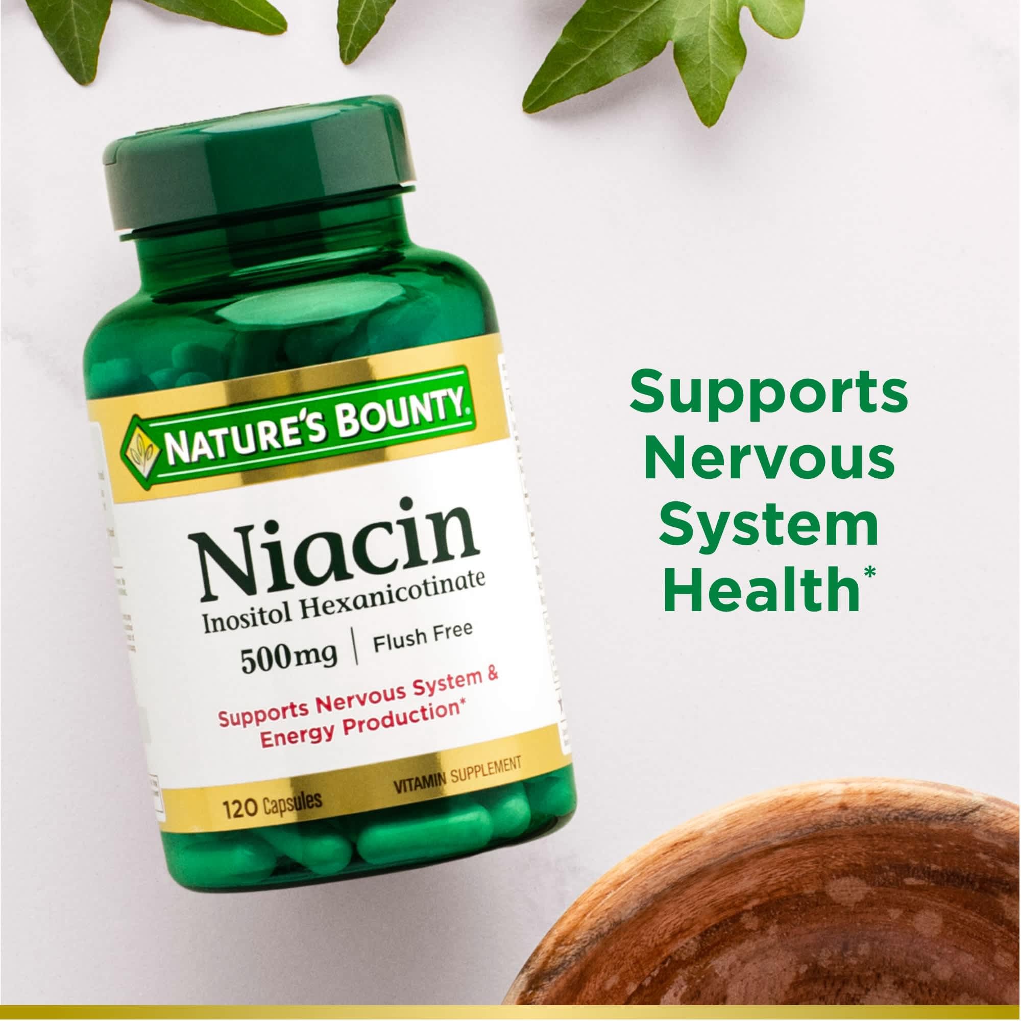 Nature's Bounty Niacin Flush Free 500 mg capsules closeup supporting convenient daily supplementation.
