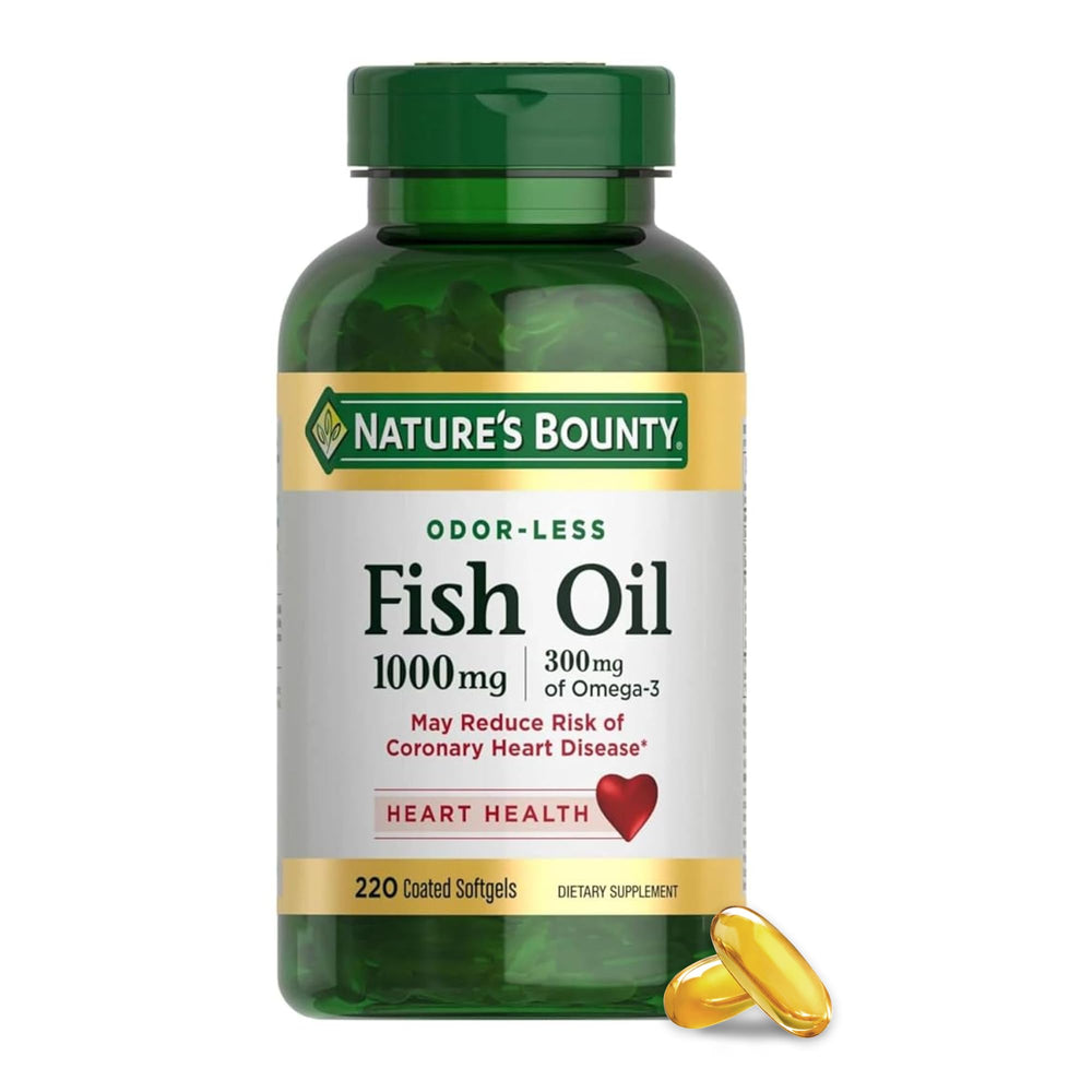 Nature's Bounty odorless fish oil bottle showing omega-3 content for heart support