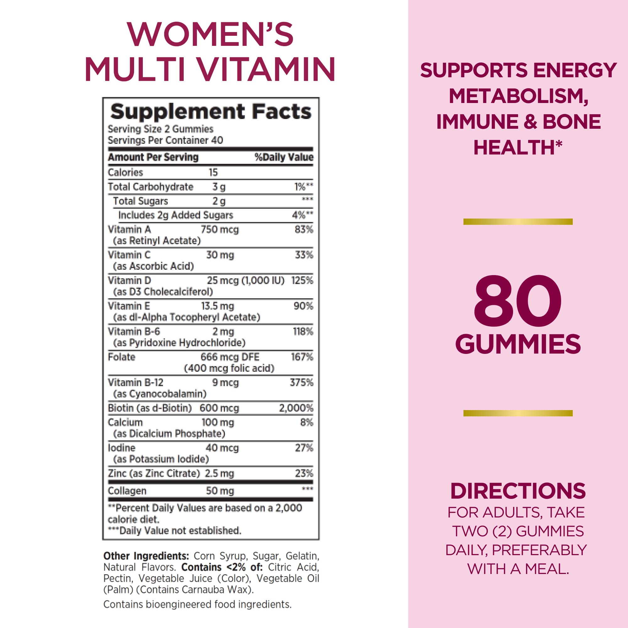 Nutrition label features vitamin D, calcium, and collagen for balanced daily intake.