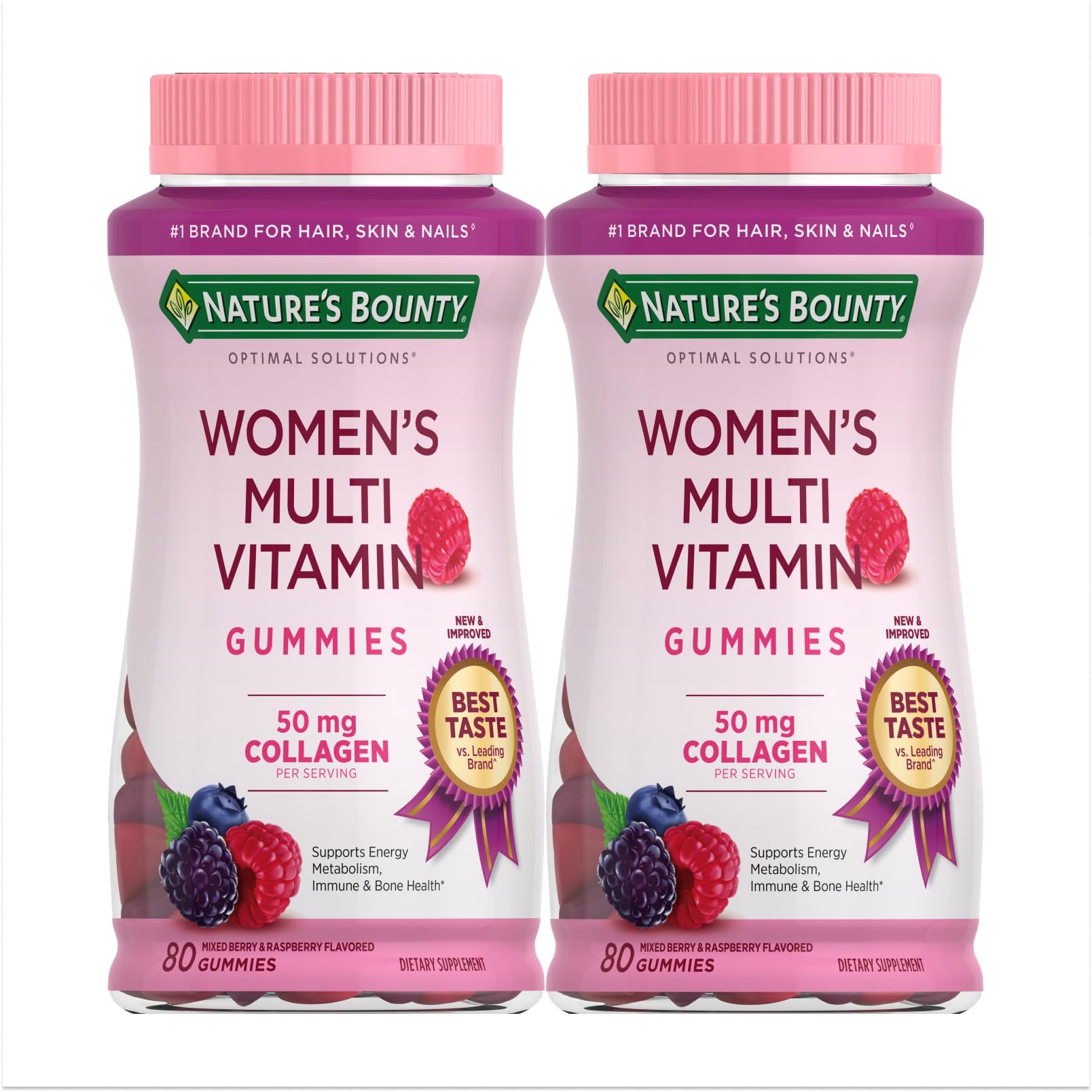 Nature's Bounty Optimal Solutions Gummies bottle shows raspberry flavor for daily wellness.