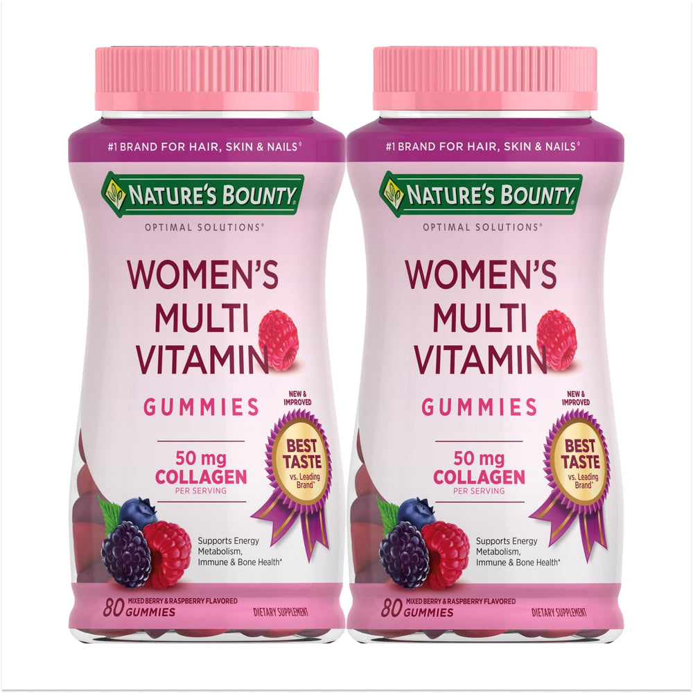 Nature's Bounty Optimal Solutions Gummies bottle shows raspberry flavor for daily wellness.