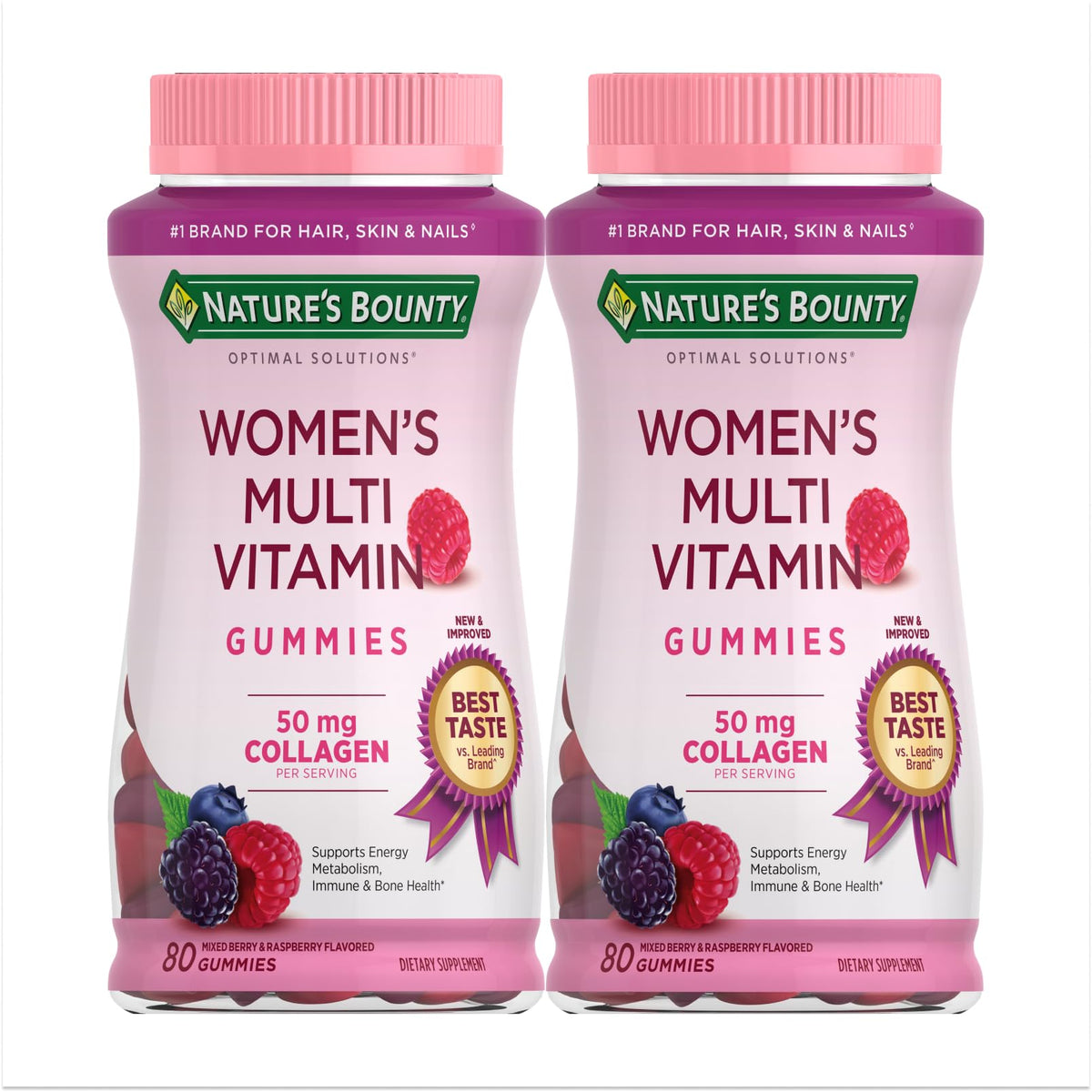 Nature's Bounty Optimal Solutions Gummies bottle shows raspberry flavor for daily wellness.