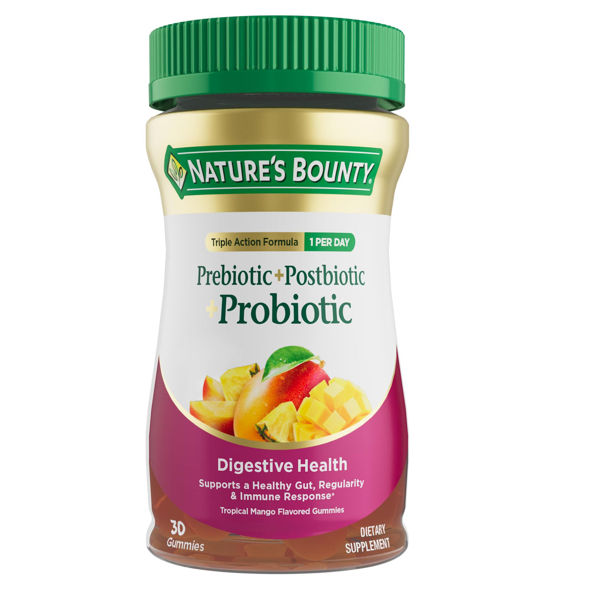 Nature's Bounty Pre Pro Postbiotic Gummies bottle front highlights tropical mango flavor for daily digestive support