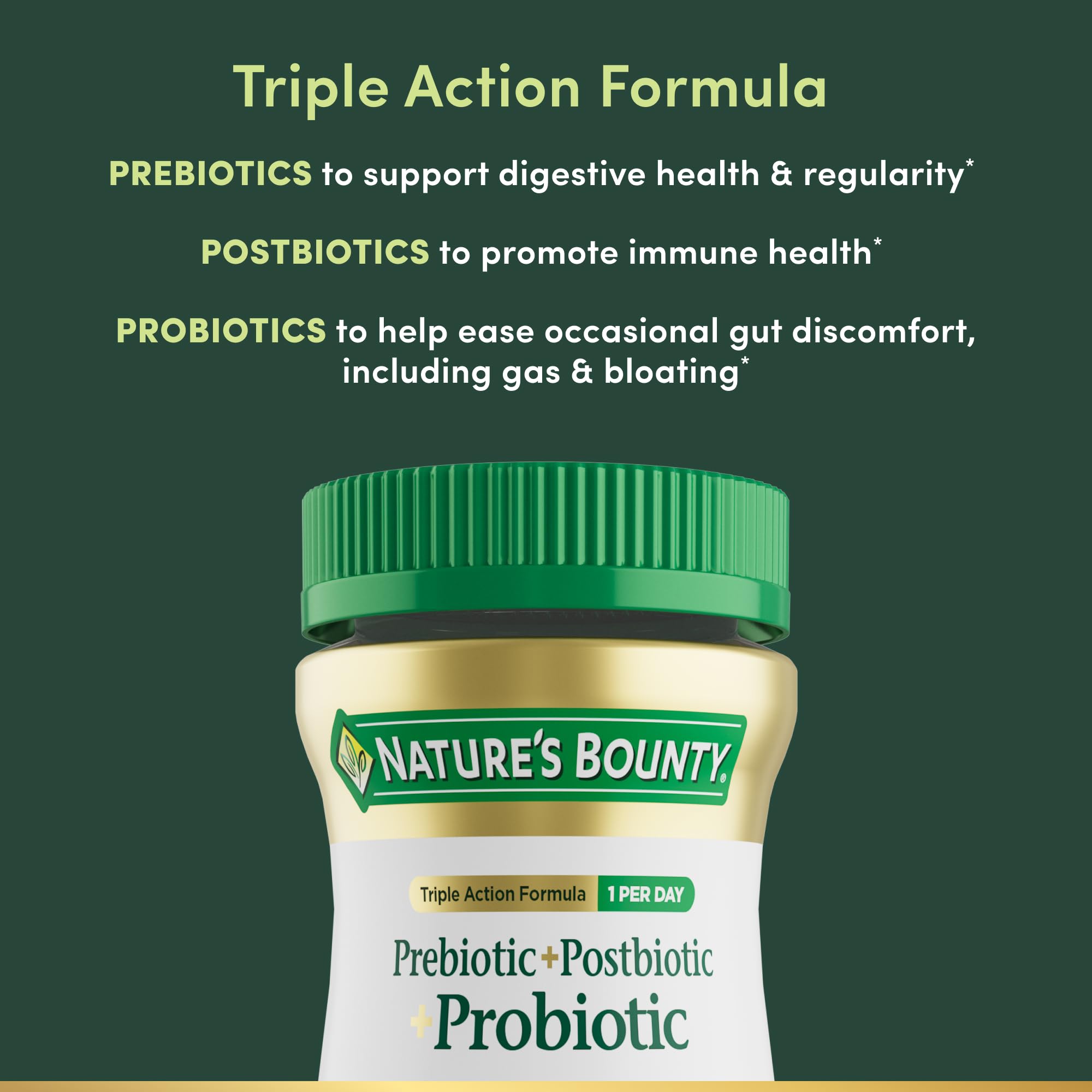 Nature's Bounty Pre Pro Postbiotic Gummies label details describe 3-in-1 formula benefits