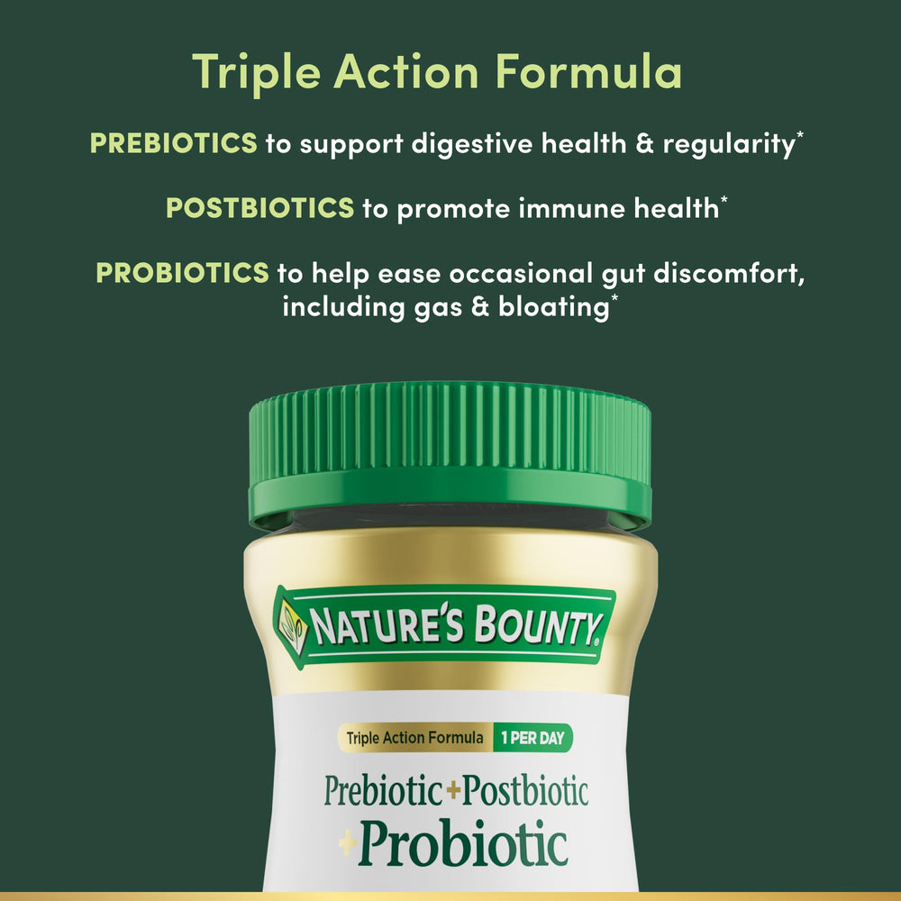 Nature's Bounty Pre Pro Postbiotic Gummies label details describe 3-in-1 formula benefits