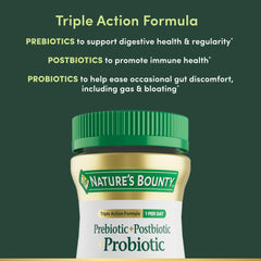Nature's Bounty Pre Pro Postbiotic Gummies label details describe 3-in-1 formula benefits
