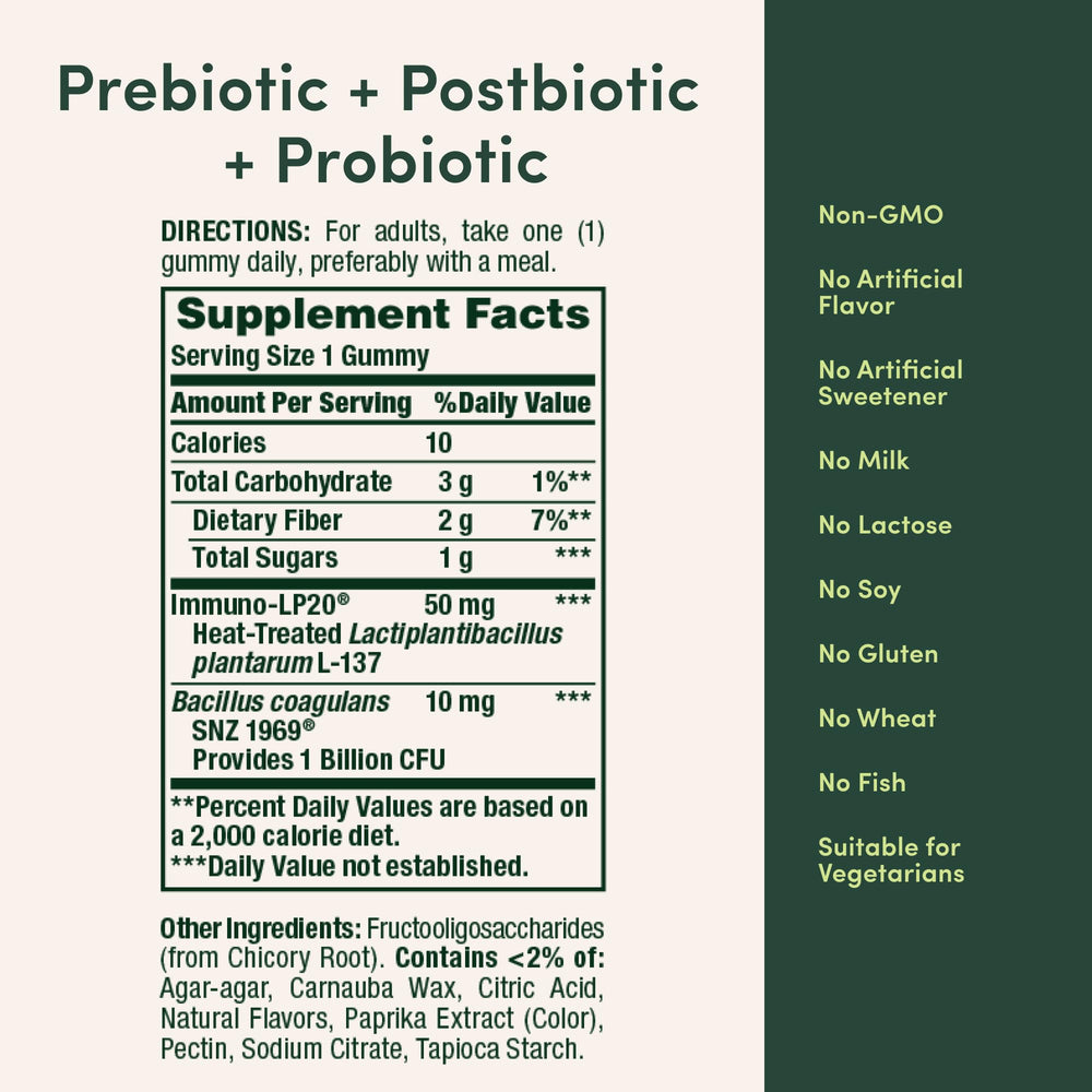 Nature's Bounty Pre Pro Postbiotic Gummies nutrition facts panel highlights ingredients supporting gut and immune wellness