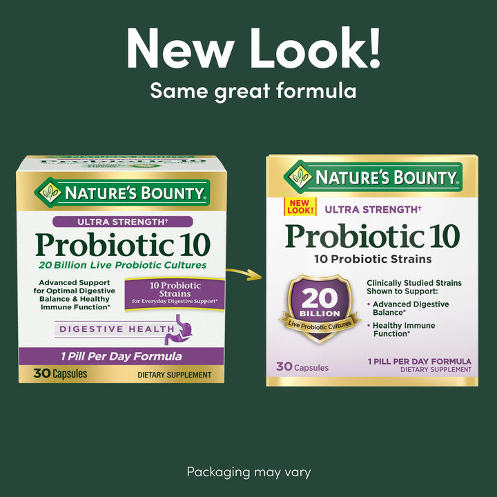 Nature's Bounty Probiotic 10 capsules close-up showing 20B CFU.