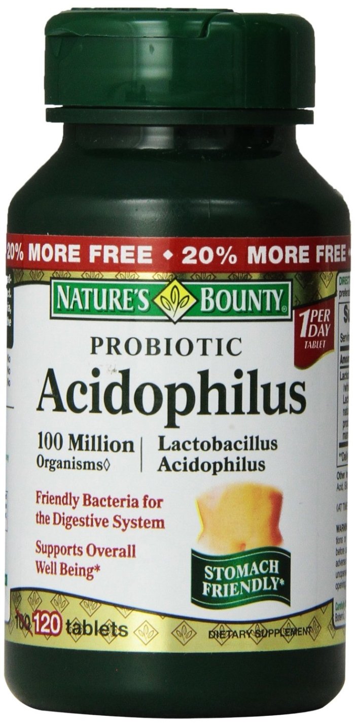 Nature's Bounty Probiotic Acidophilus bottle front with label, indicating digestive support.