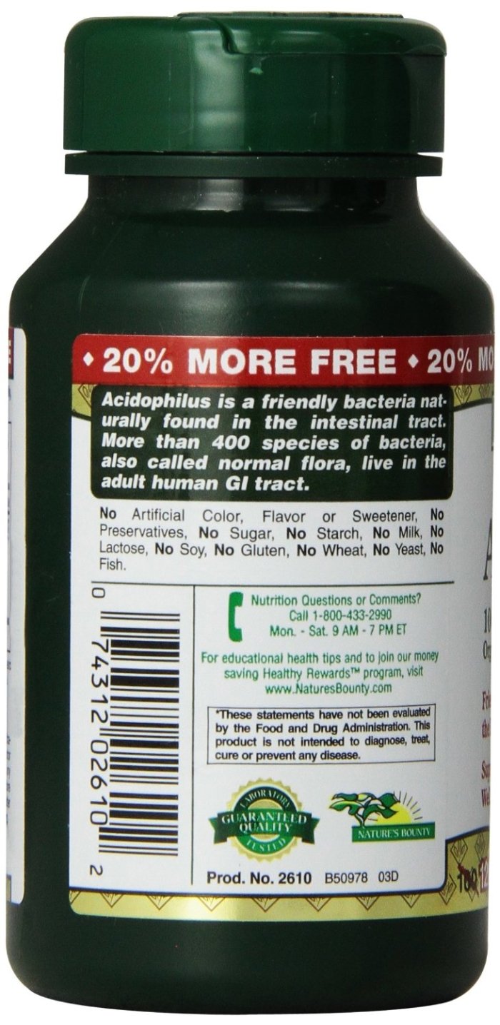 Nature's Bounty Probiotic Acidophilus capsules close-up, showing small, easy-to-take tablets.