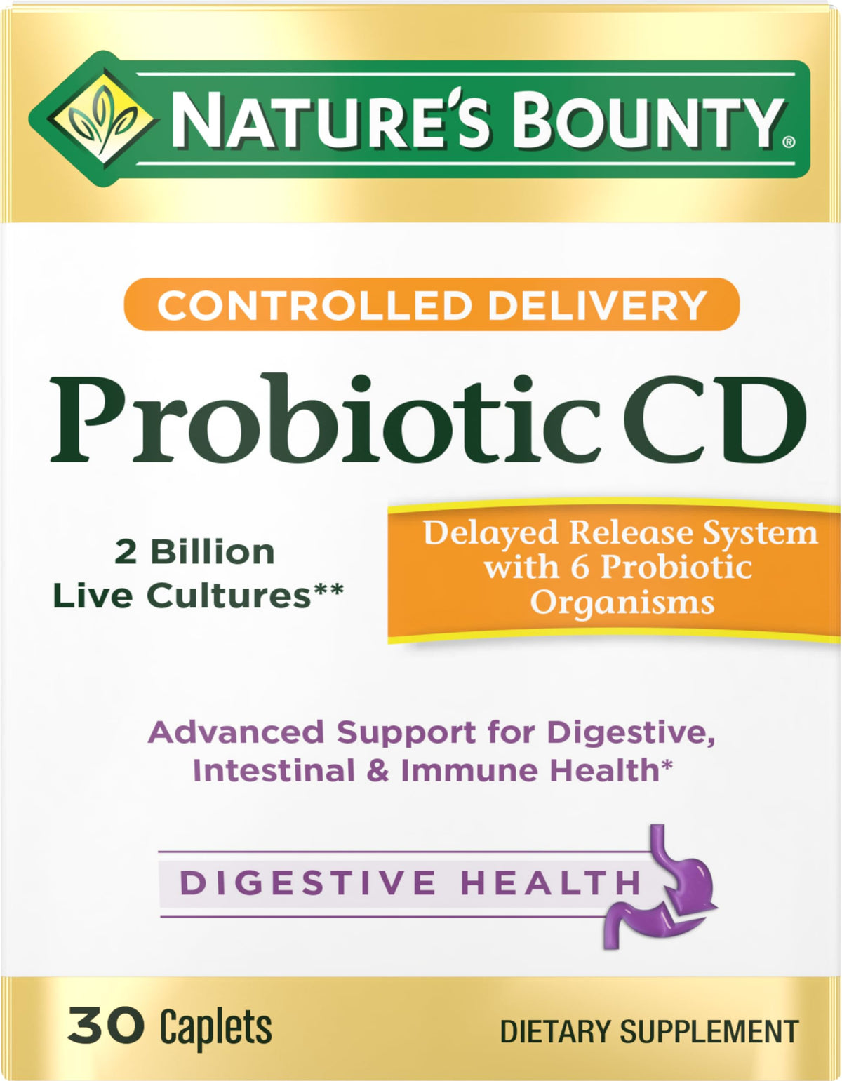 Nature's Bounty probiotic bottle close-up highlighting daily digestive support.