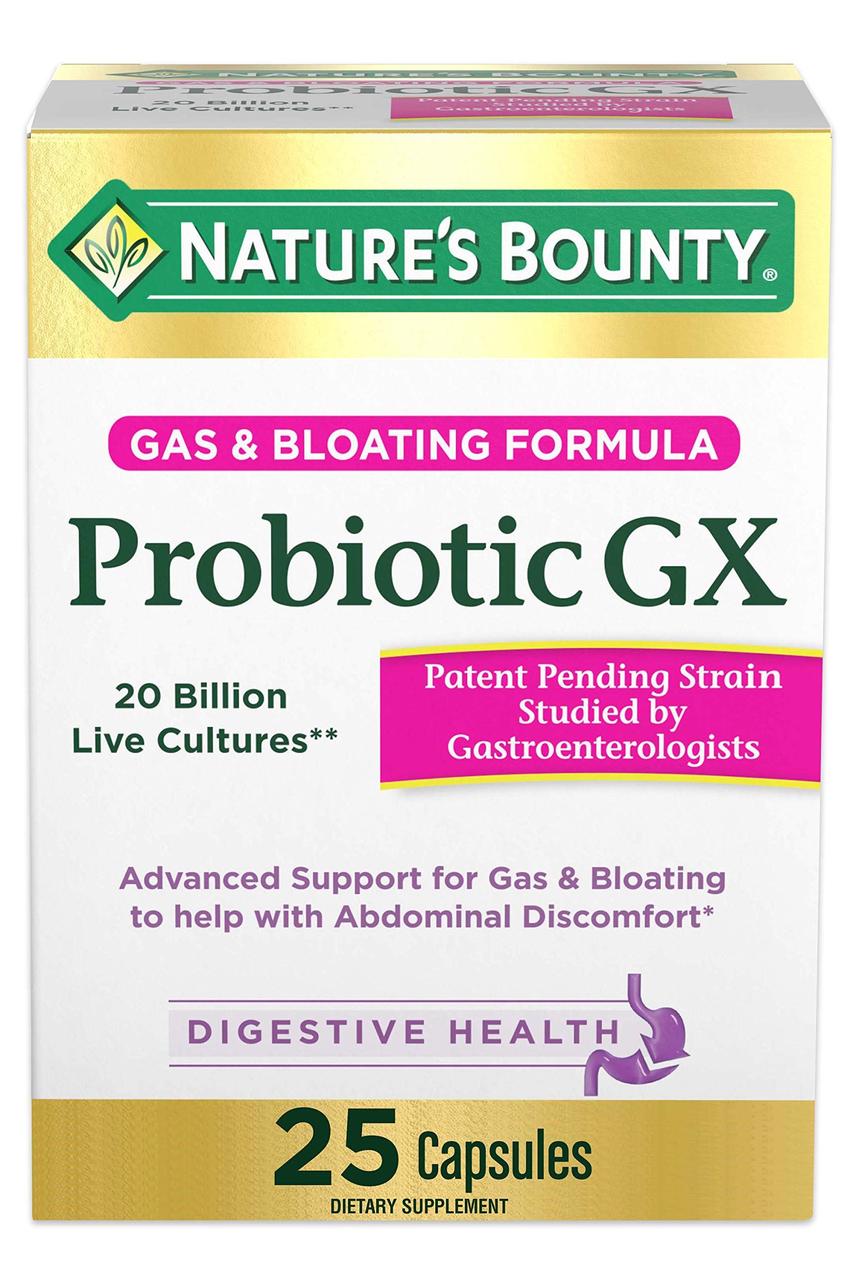 Nature's Bounty Probiotic GX bottle front promoting daily digestive comfort and balanced gut health