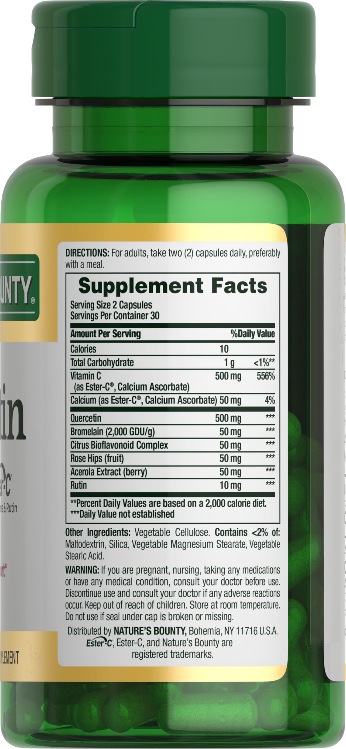 Nature's Bounty Quercetin Ester-C Vitamin C label close-up for antioxidant support