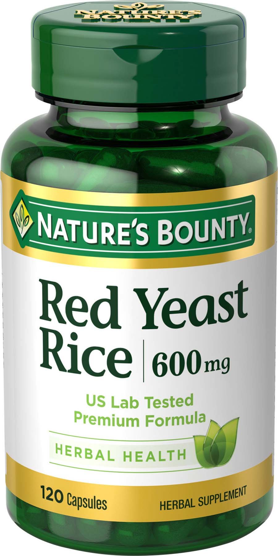 Nature's Bounty Red Yeast Rice bottle with 120 capsules, quality-tested for purity.