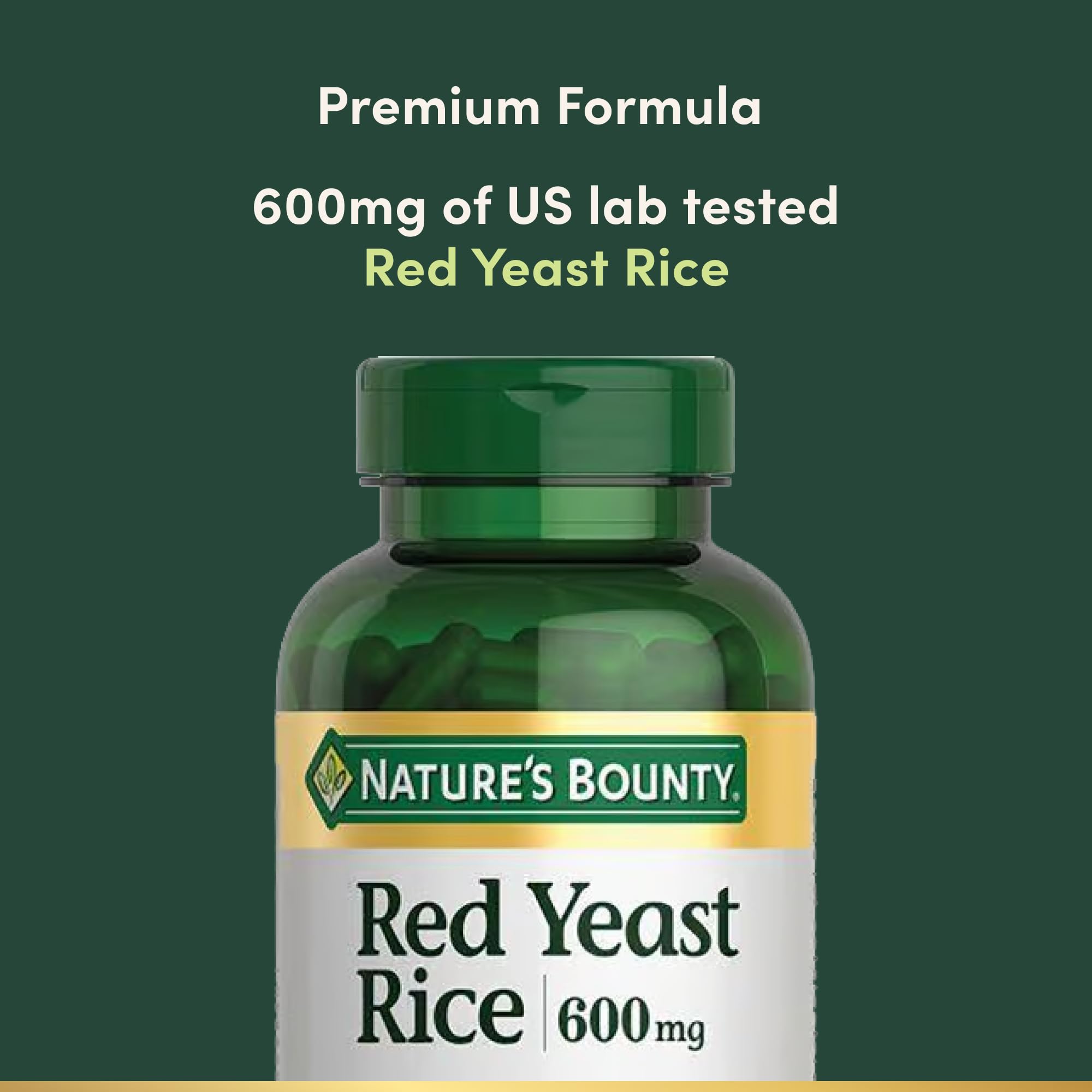 Label detail highlighting lab-tested quality and gluten-free status for Nature's Bounty Red Yeast Rice