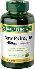 Close-up of Nature's Bounty saw palmetto capsules highlighting whole herb formula.