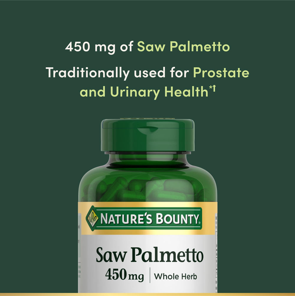 Nature's Bounty Saw Palmetto bottle close-up highlighting capsule form